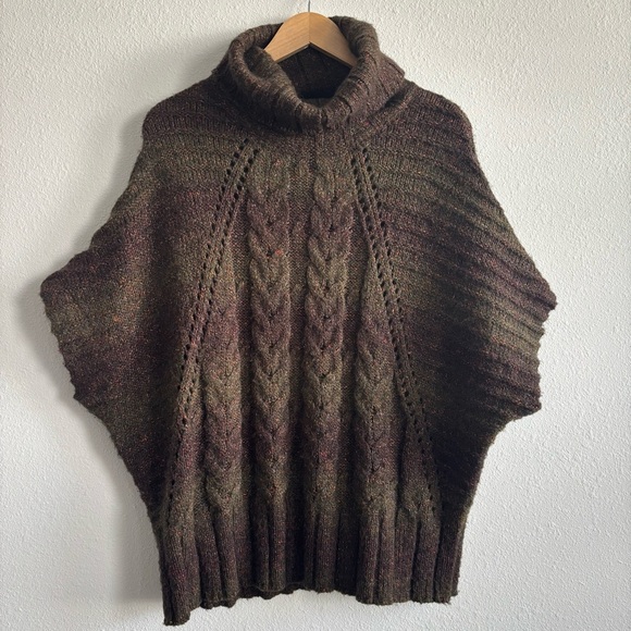 Coldwater Creek Brown Green Striped Wool Knit Batwing Sweater Poncho XS/S - Picture 2 of 9